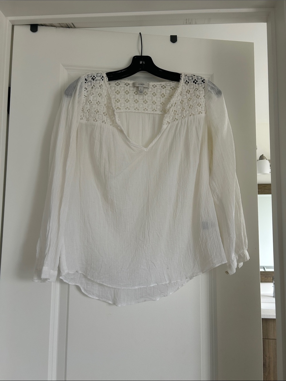 J. Crew White Cotton Crochet Yoke V-Neck Blouse